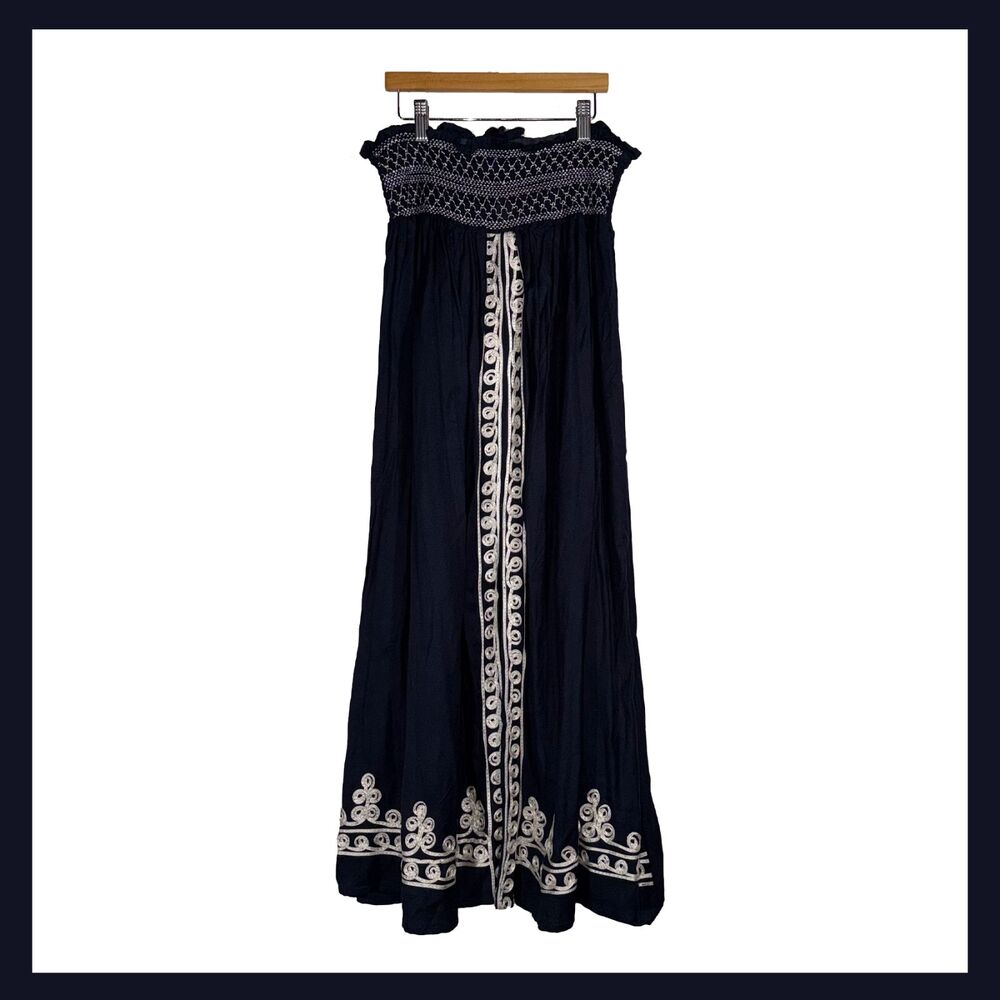 NWT Magic Navy Blue Embroidered Rayon Maxi Skirt Slit Boho Festival Size S